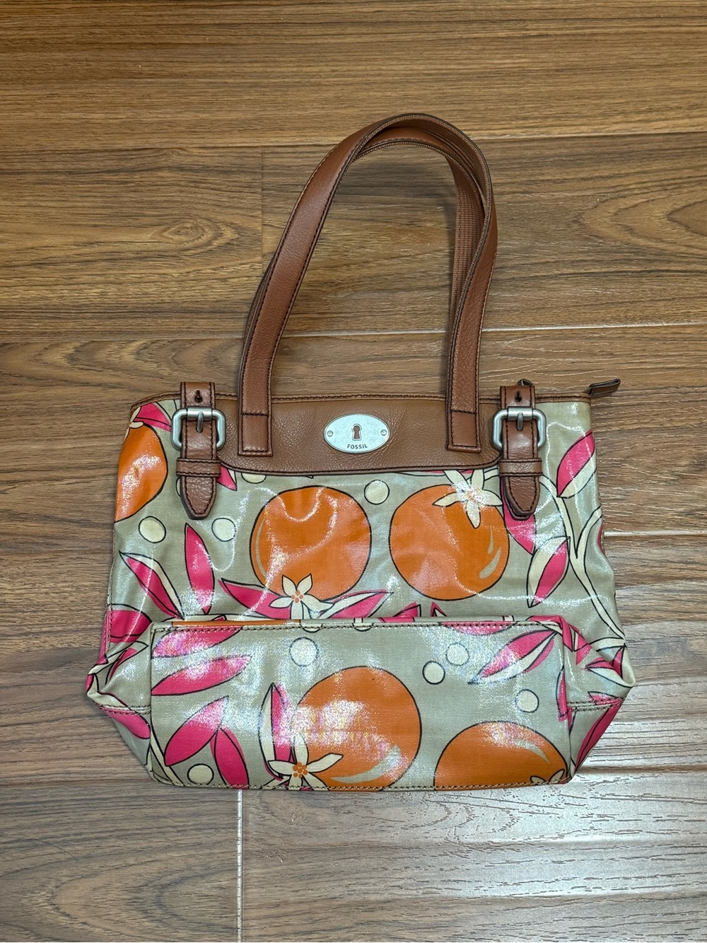 Fossil Beige Tote with Orange Circles & Pink Floral Accents